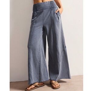 Vintage Wash Cotton Charcoal Stretchy Waist Wide Leg Pants S M L XL